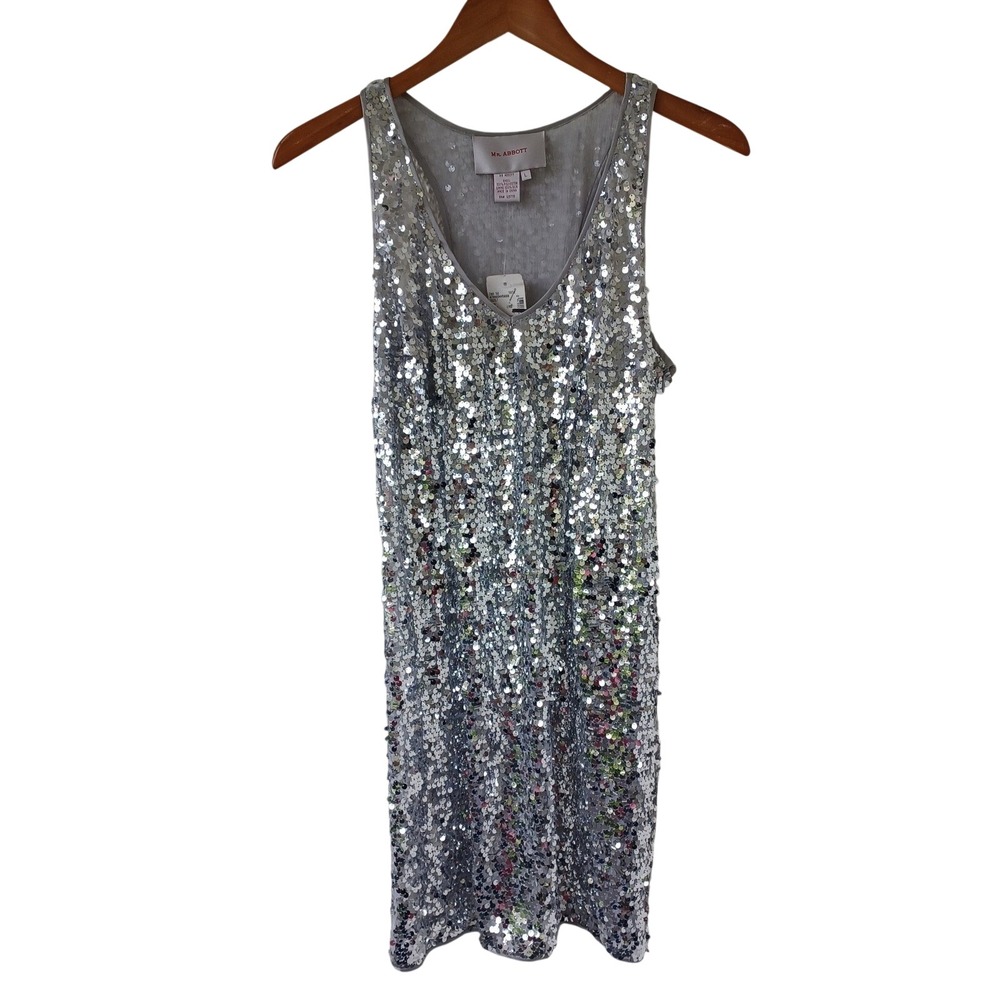 Mr Abbott Silver Sequin‎ Silk Lined Mini Dress V-Neck Racerback L NWT $450